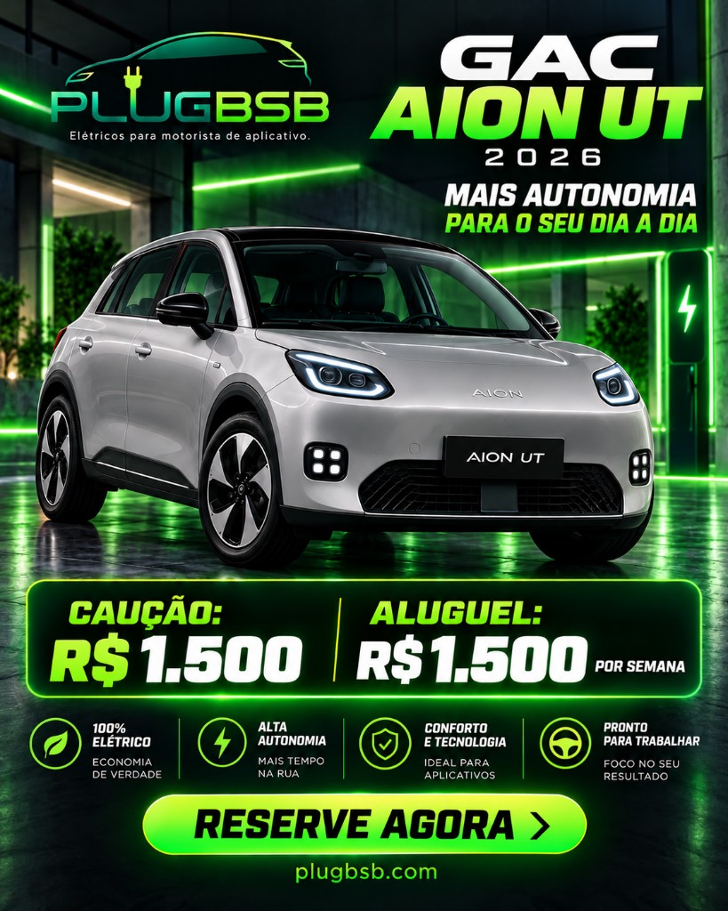 GAC AION UT 2026. Caução R$ 1.500 e aluguel R$ 1.500 por semana. Reserve agora no WhatsApp.